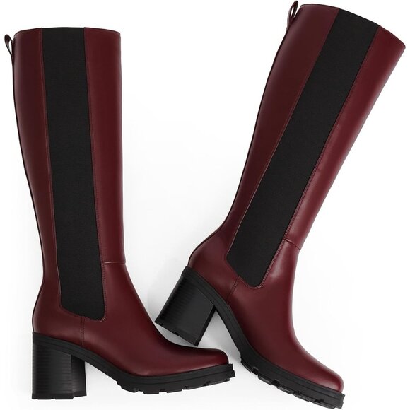 Women’s Knee High Chelsea Platform Boots  Chunky Slip-On Faux Leather Square Toe - Picture 2 of 7